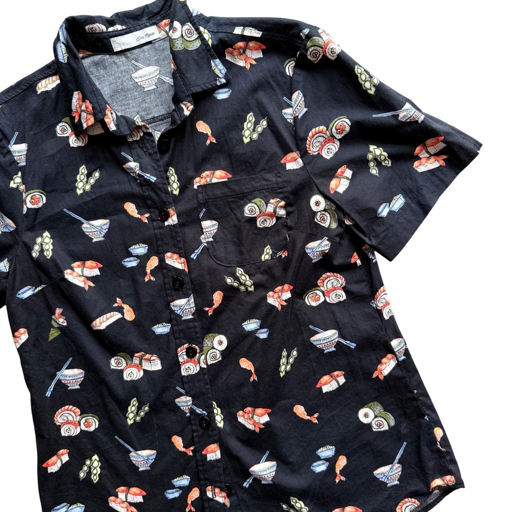 Eva‎ Rose Ramen Sushi Short Sleeve Button Down Shirt Novelty Food Quirky Hipster